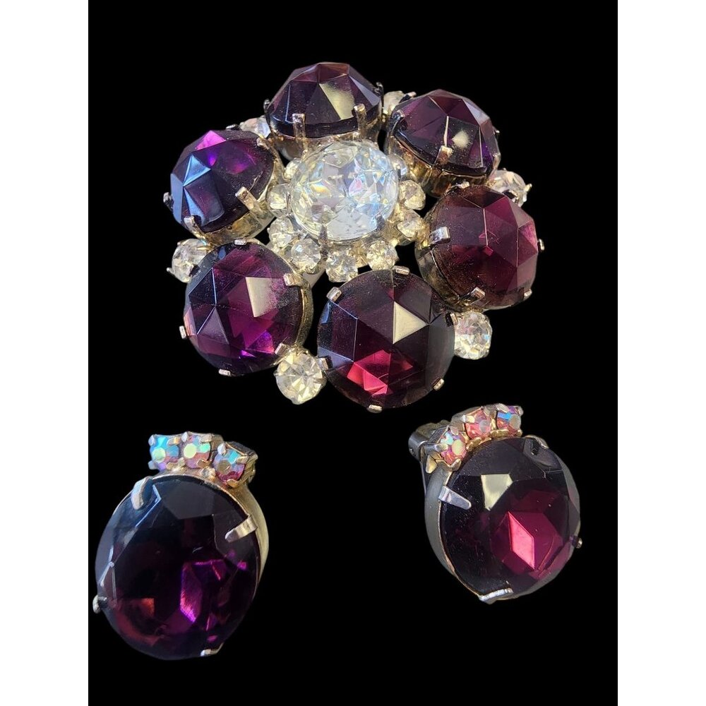 Stunning Vintage Faceted Glass & Rhinestone Brooch With Matching Earrings (A5692